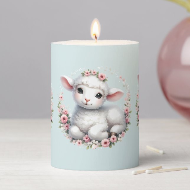 Cute Lamb with Floral Crown Illustration Pillar Candle (In Situ)