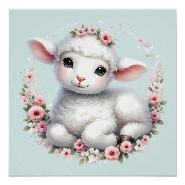 Cute Lamb with Floral Crown Illustration Poster (Front)