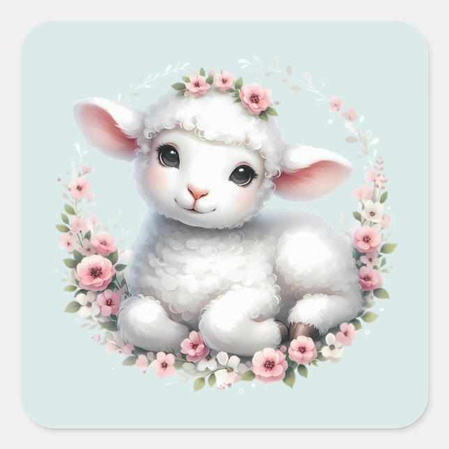 Cute Lamb with Floral Crown Illustration Square Sticker (Front)