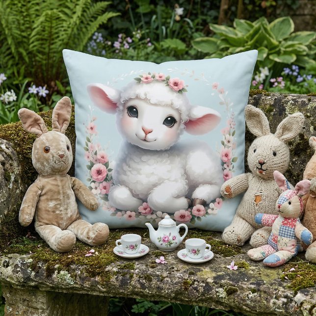 Cute Lamb with Floral Crown Illustration Throw Pillow (Cute Lamb with Floral Crown Illustration Throw Pillow Mockup C)