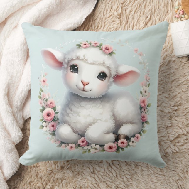 Cute Lamb with Floral Crown Illustration Throw Pillow (Blanket)