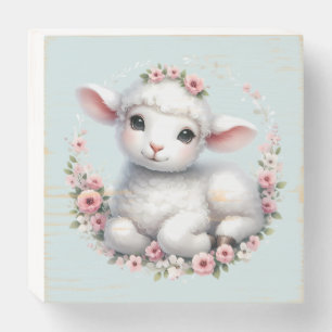 Cute Lamb with Floral Crown Illustration Wooden Box Sign