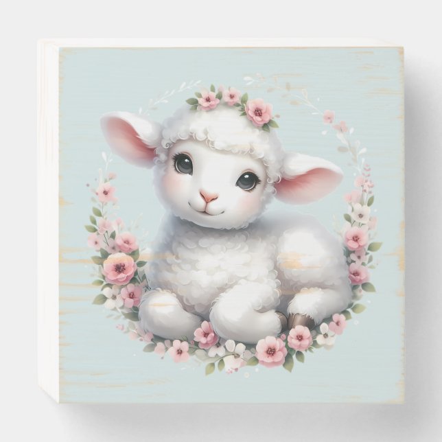 Cute Lamb with Floral Crown Illustration Wooden Box Sign (Front Horizontal)