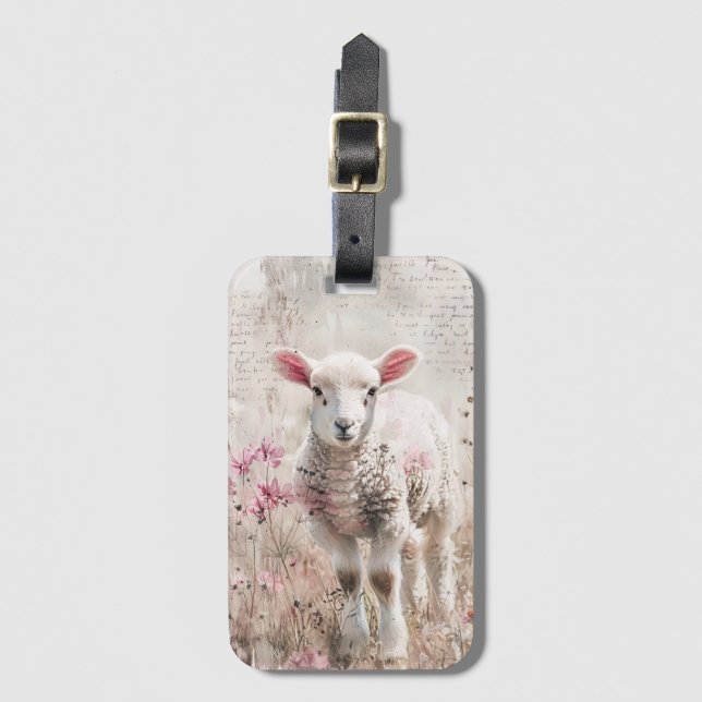 Cute Lamb with Wildflowers Sheep Luggage Tag (Front Vertical)