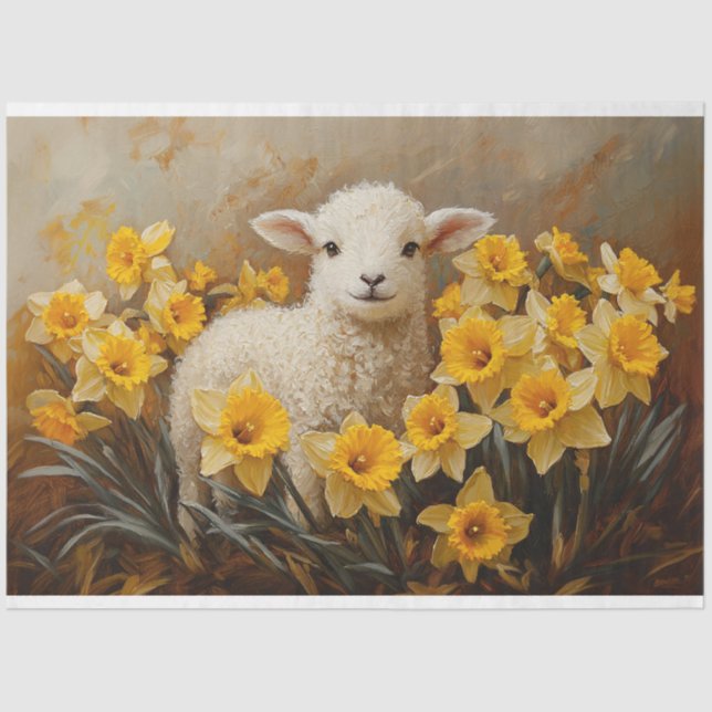 Cute Lamb with Yellow Daffodils Painting Decoupage Tissue Paper (Front)