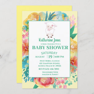Cute Lamb Yellow Green Floral Baby Shower Invitation