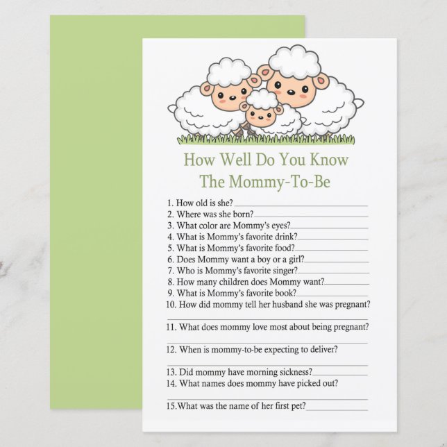 Cute lambs How well do you know baby shower game (Front/Back)