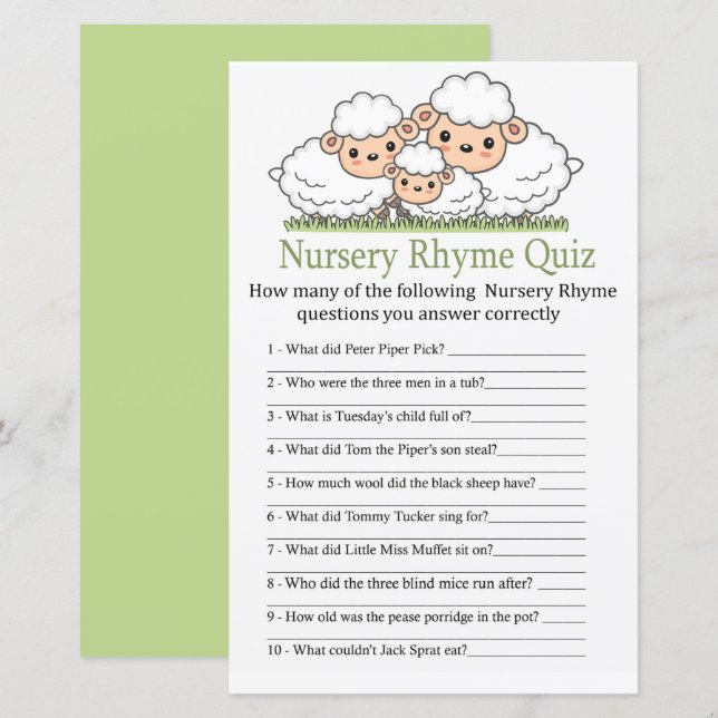 Cute lambs Nursery Rhyme Quiz baby shower game (Front/Back)