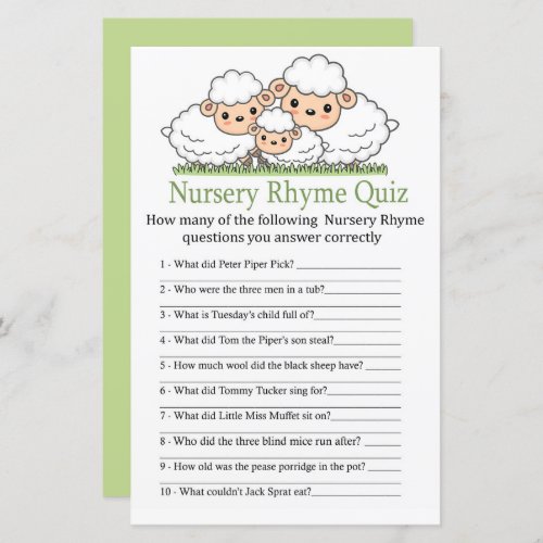 Cute lambs Nursery Rhyme Quiz baby shower game