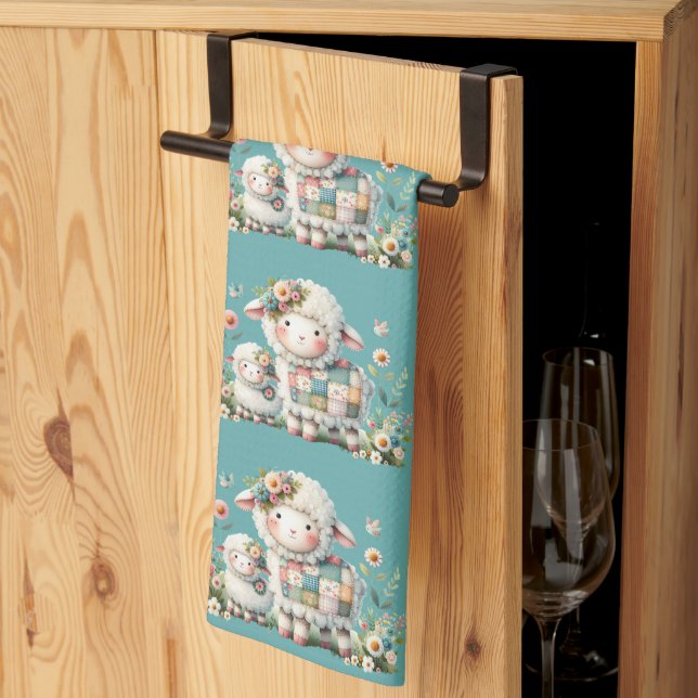 Cute Lambs with Floral and Patchwork Accents Kitchen Towel (Thirds Fold)