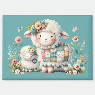 Cute Lambs with Floral and Patchwork Accents Magnet