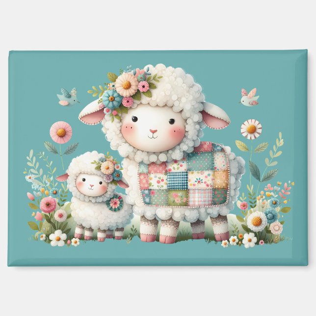 Cute Lambs with Floral and Patchwork Accents Magnet (Front)
