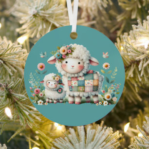 Cute Lambs with Floral and Patchwork Accents Metal Ornament
