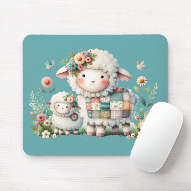 Cute Lambs with Floral and Patchwork Accents Mouse Pad (With Mouse)