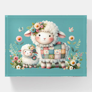 Cute Lambs with Floral and Patchwork Accents Paperweight