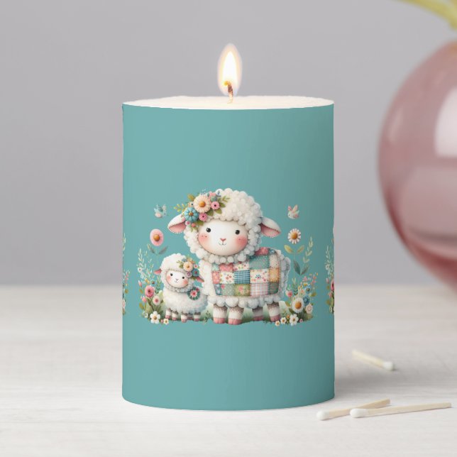 Cute Lambs with Floral and Patchwork Accents Pillar Candle (In Situ)