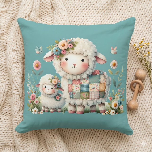 Cute Lambs with Floral and Patchwork Accents Throw Pillow (Cute Lambs with Floral and Patchwork Accents Throw Pillow Mockup A)