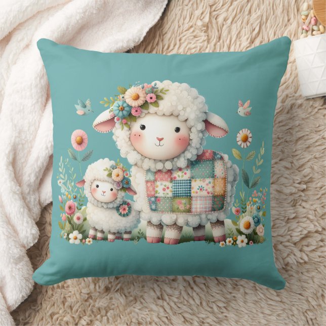 Cute Lambs with Floral and Patchwork Accents Throw Pillow (Blanket)
