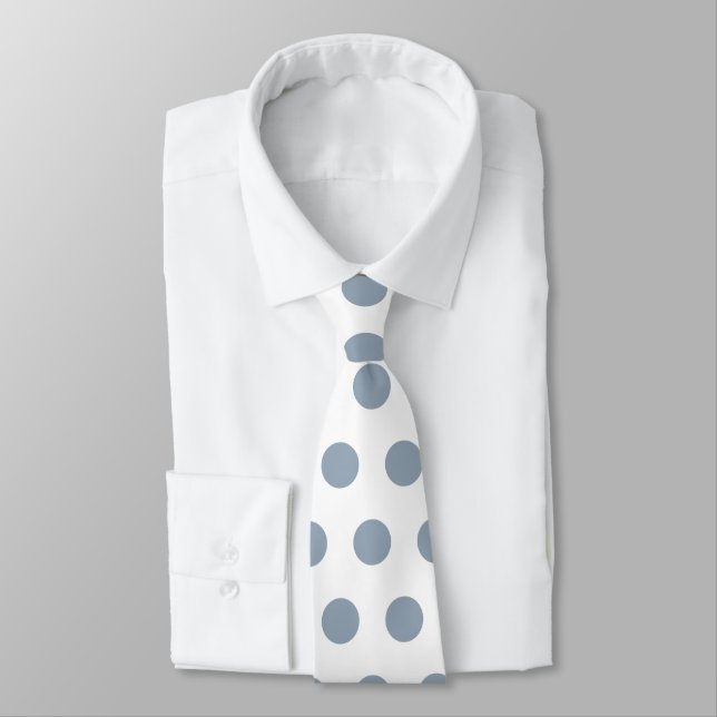 Cute large dusty blue polka dots on white neck tie (Tied)