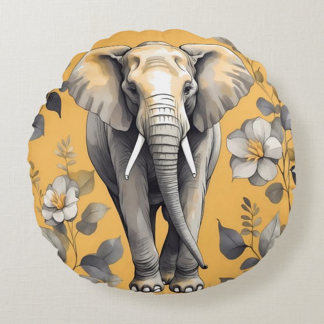 Cute Large Elephant Walking over Yellow Daisies Round Pillow (Front)