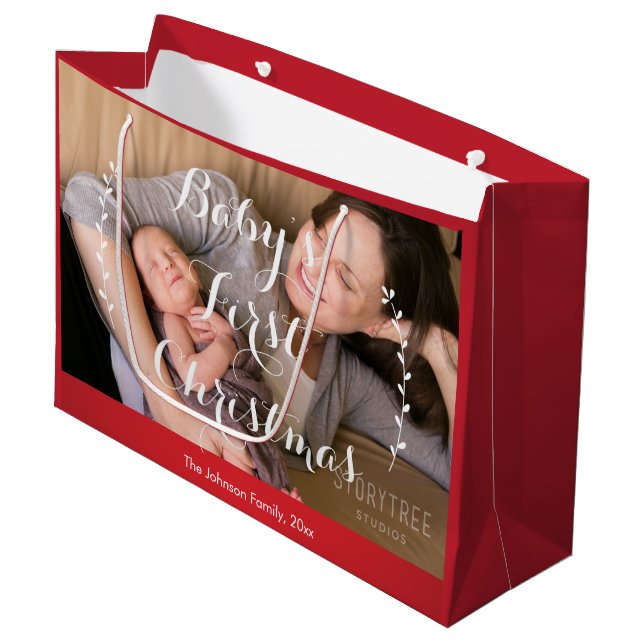 Cute Large Red Baby's First Christmas Gift Bags (Front Angled)