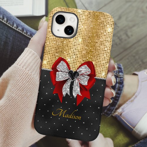 Cute large red glittery silver bow tie monogram iPhone 15 case