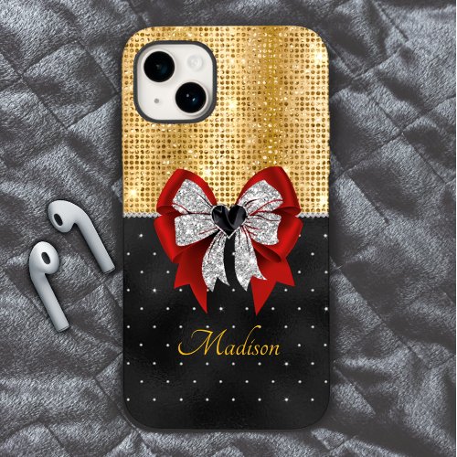 Cute large red glittery silver bow tie monogram Case_Mate iPhone 14 case