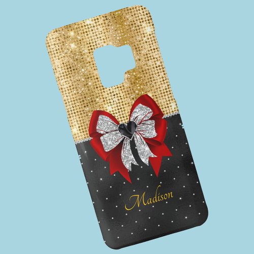 Cute large red glittery silver bow tie monogram Case_Mate samsung galaxy s9 case