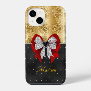 Cute large red glittery silver bow tie monogram iPhone 14 case
