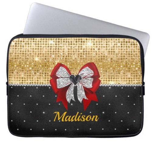 Cute large red glittery silver bow tie monogram laptop sleeve