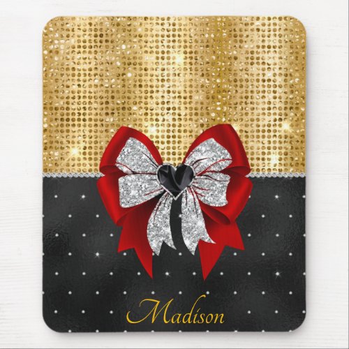Cute large red glittery silver bow tie monogram mouse pad