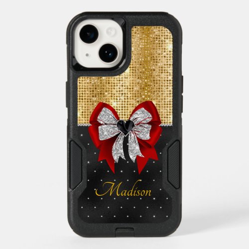 Cute large red glittery silver bow tie monogram OtterBox iPhone 14 case