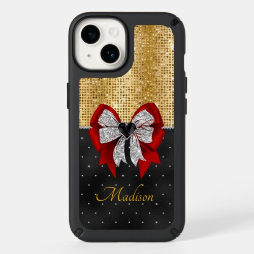 Cute large red glittery silver bow tie monogram speck iPhone 14 case