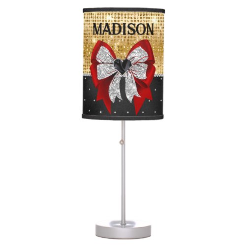 Cute large red glittery silver bow tie monogram table lamp