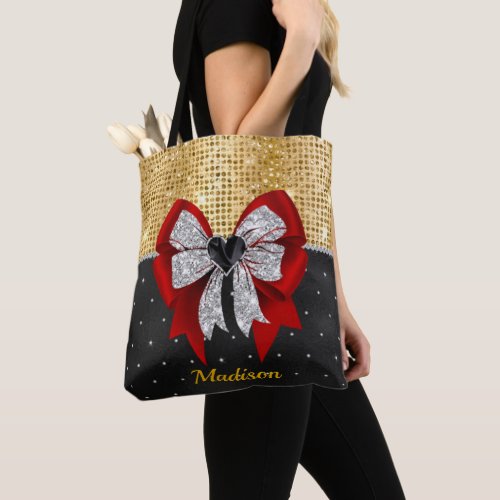 Cute large red glittery silver bow tie monogram tote bag