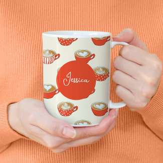 Cute Latte Art in Red Coffee Mugs Pattern