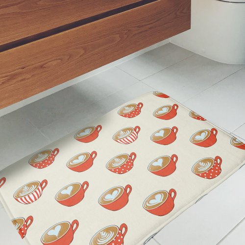 Cute Latte Art in Red Coffee Mugs Pattern Bath Mat