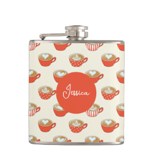 Cute Latte Art in Red Coffee Mugs Pattern Flask