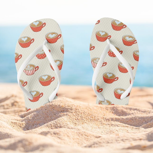 Cute Latte Art in Red Coffee Mugs Pattern Flip Flops (Red Coffee Mugs Flip-flops)