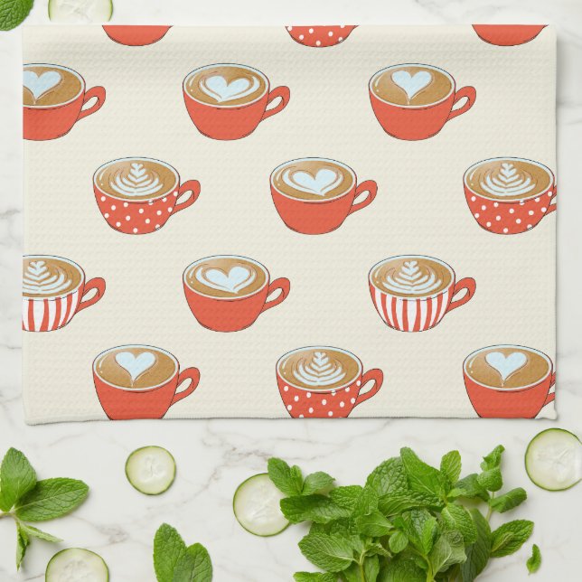 Cute Latte Art in Red Coffee Mugs Pattern Kitchen Towel (Folded)