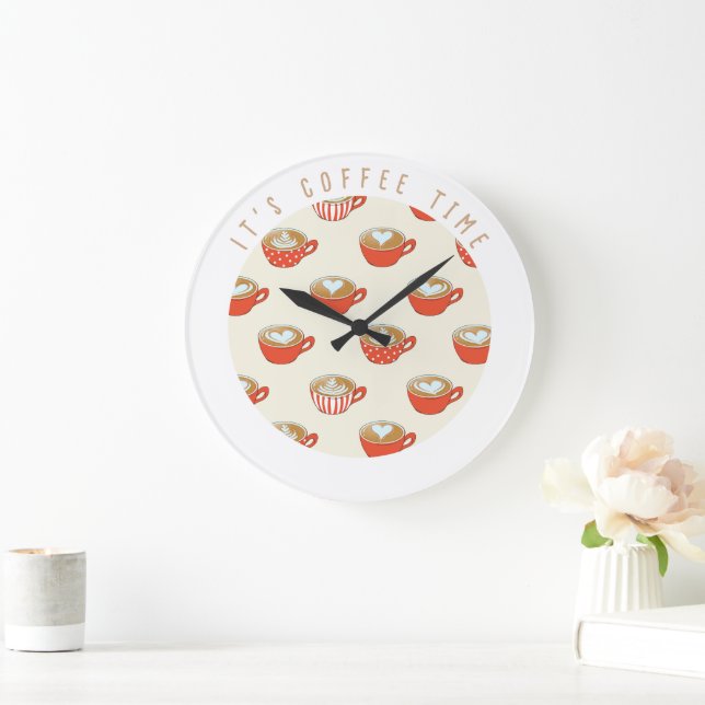 Cute Latte Art in Red Coffee Mugs Pattern Large Clock (Home)