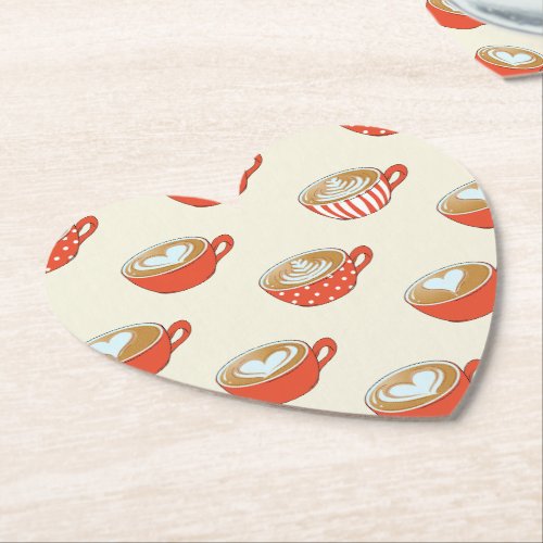 Cute Latte Art in Red Coffee Mugs Pattern Paper Coaster