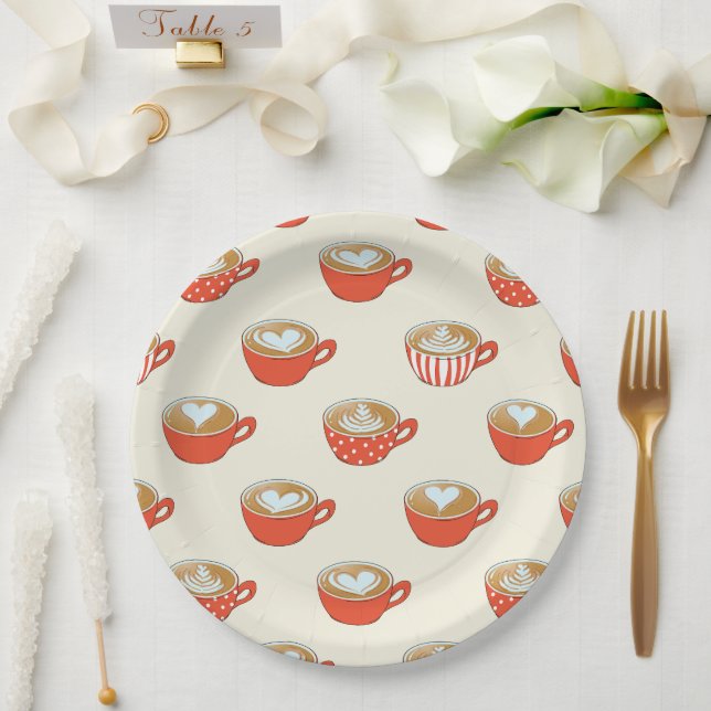 Cute Latte Art in Red Coffee Mugs Pattern Paper Plates (Wedding)