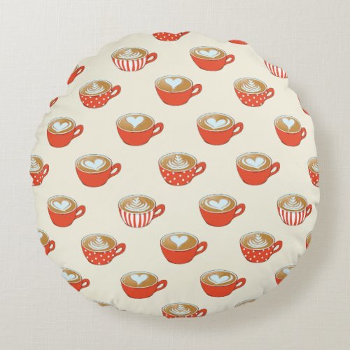Cute Latte Art in Red Coffee Mugs Pattern Round Pillow