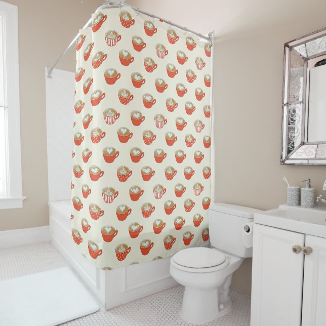 Cute Latte Art in Red Coffee Mugs Pattern Shower Curtain (In Situ)