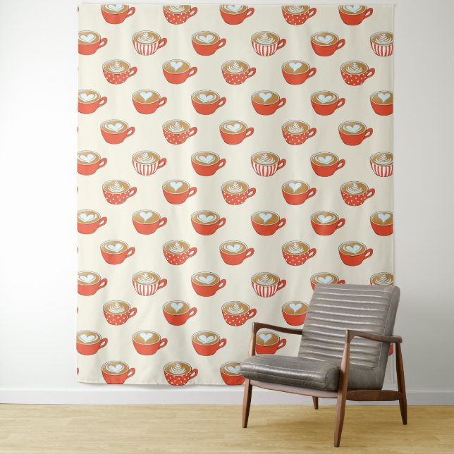 Cute Latte Art in Red Coffee Mugs Pattern Tapestry (In Situ)