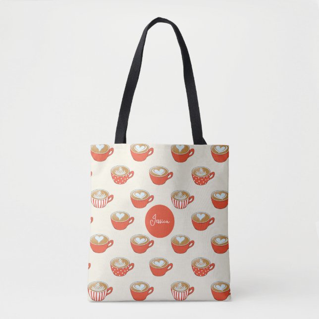 Cute Latte Art in Red Coffee Mugs Pattern Tote Bag (Front)