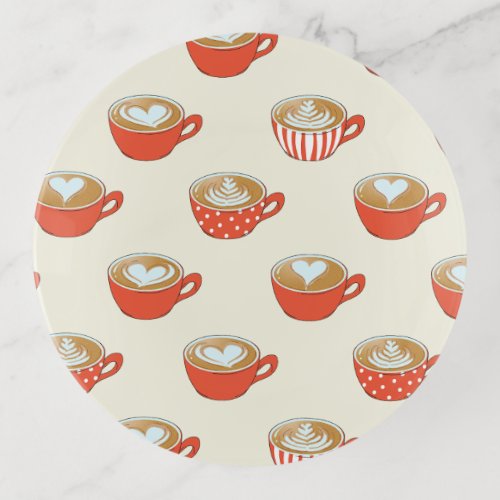 Cute Latte Art in Red Coffee Mugs Pattern Trinket Tray