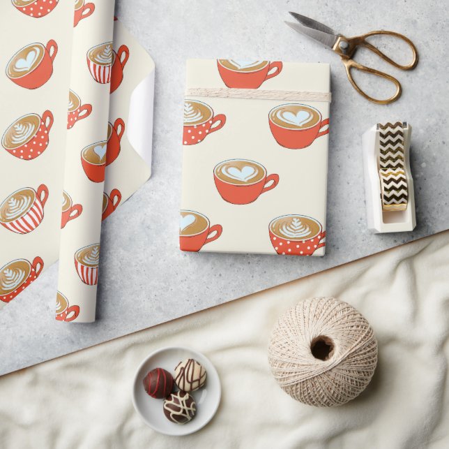 Cute Latte Art in Red Coffee Mugs Pattern Wrapping Paper (Crafts)