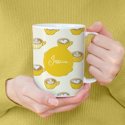 Cute Latte Art in Yellow Coffee Mugs Pattern